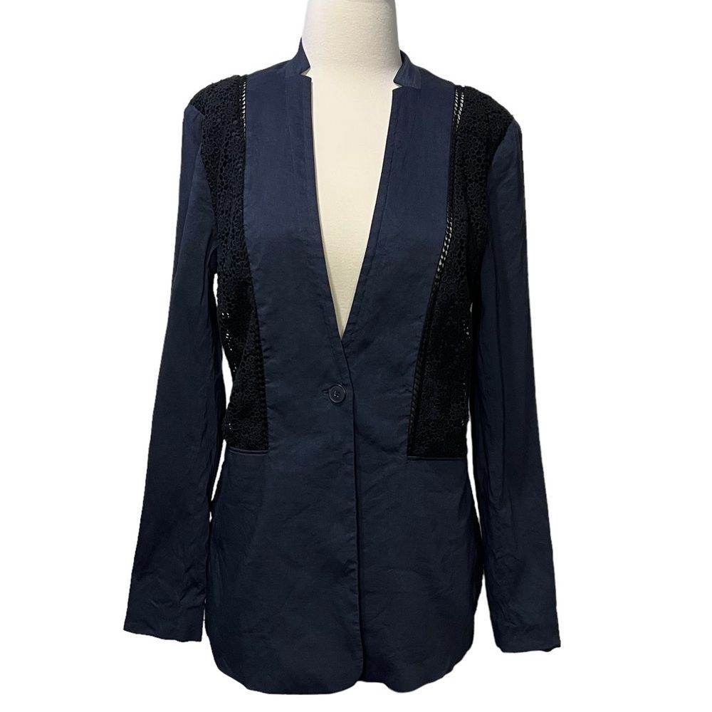 Elie Tahari Bonnie Blue Linen Blend Floral Crochet Lace Panel Blazer Size 8